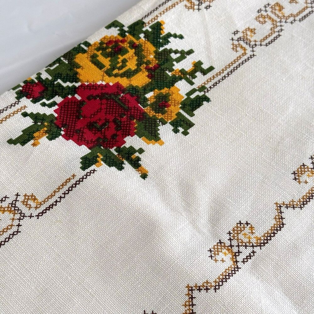 Vtg MCM Polish Linen Tablecloth Garden Collection Floral Petit Point 60x79 NOS - Picture 7 of 8